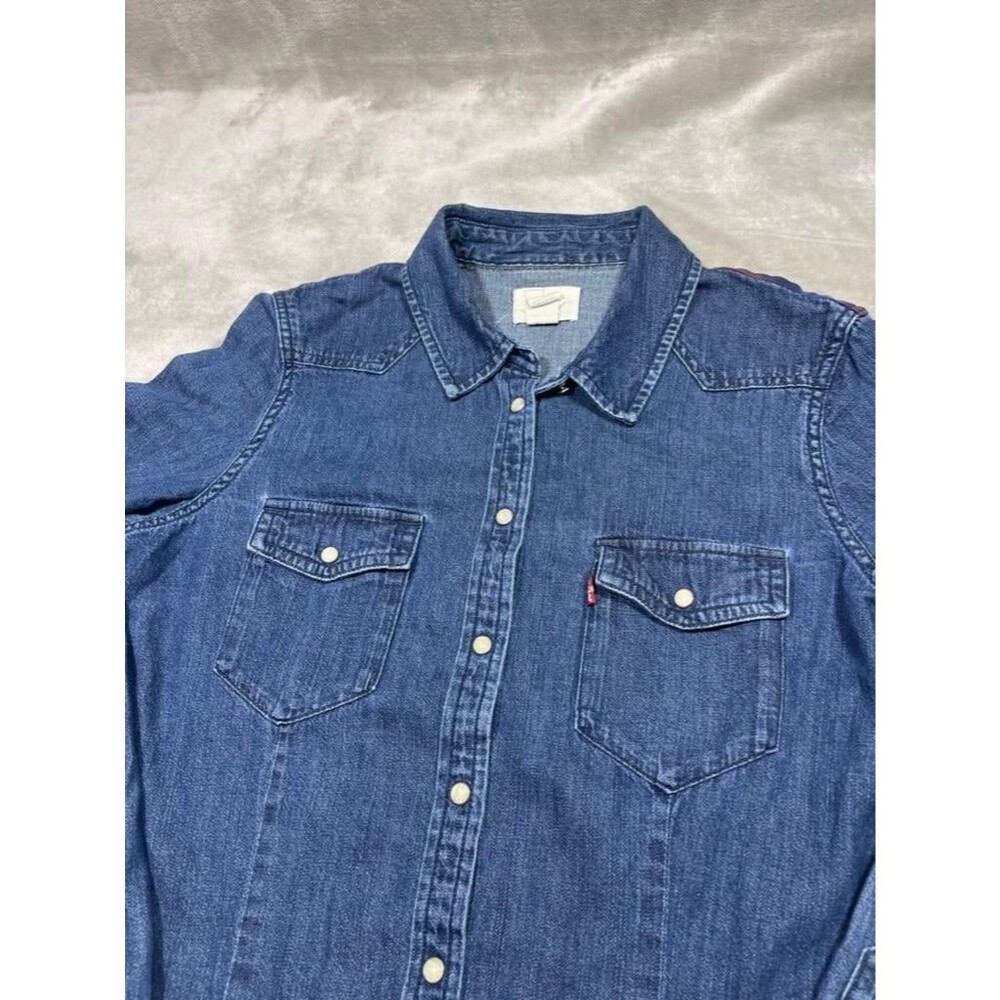 Levi's Chambray Shirt Women Small Pearl Snap Vintage Plaid Shoulder Cowgirl